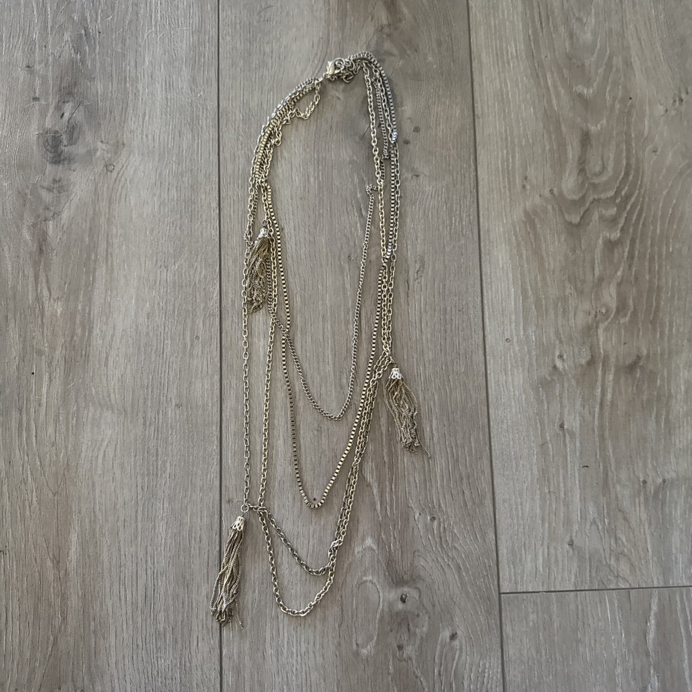 Vintage Long Gold Tone Multi Strand Chain Necklace With Tassels